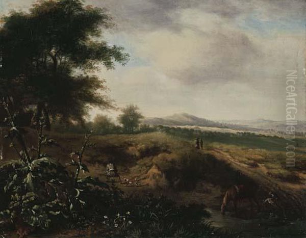 An Extensive Landscape With A Sportsman And His Dog At The Edge Ofa Wood Oil Painting by Jan Wijnants