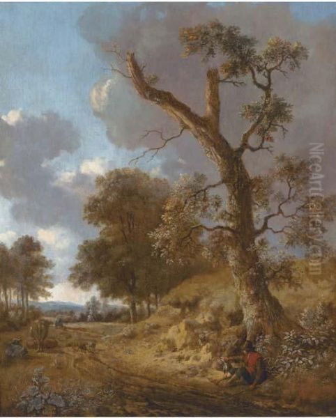 An Extensive Wooded Landscape 
With A Herdsman Resting By A Tree Andhunters On A Path In The Distance Oil Painting by Jan Wijnants