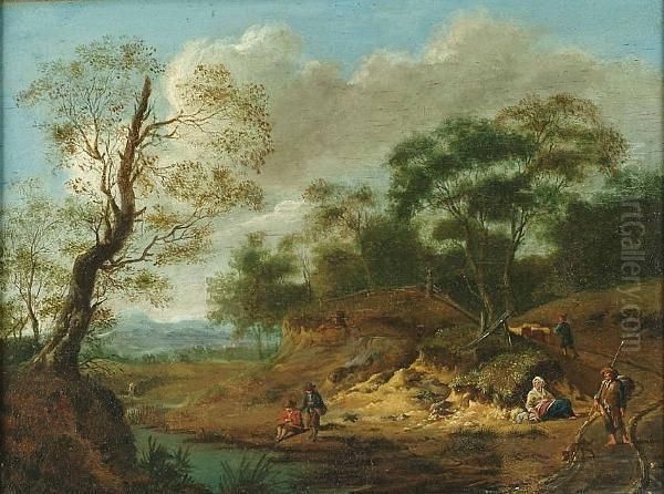 A River Landscape With Figures On The Bank, A Shepherd And His Flock On A Path Beyond Oil Painting by Jan Wijnants