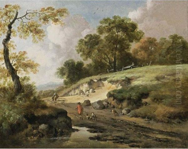 A Sunlit Dune Landscape With A Huntsman And His Dogs And Other Travellers On A Path Oil Painting by Jan Wijnants