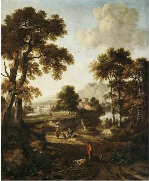 A Classical Landscape With Travellers On A Path In The Foreground Oil Painting by Jan Wijnants