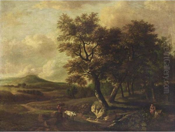 A Wooded Landscape With A Man 
And His Cow Carrying Wood On A Path, Another Man Resting On A Tree Trunk
 In The Lower Foreground Oil Painting by Jan Wijnants