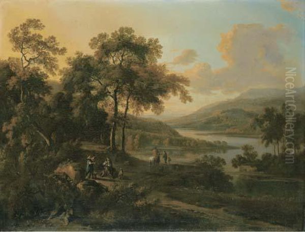 An Italianate River Landscape With An Elegant Couple Oil Painting by Jan Wijnants