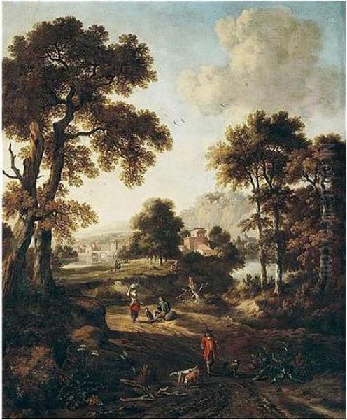 A Classical Landscape With Travellers On A Path In The Foreground Oil Painting by Jan Wijnants