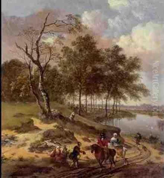 A River Landscape With Elegant Travellers And A Peasant Family On A Path Oil Painting by Jan Wijnants