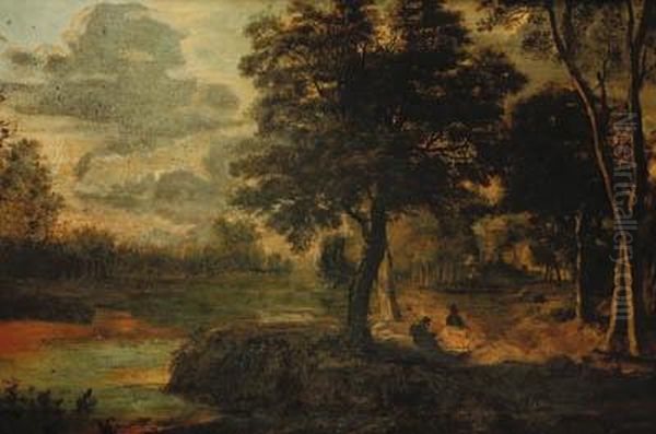 A Wooded Landscape With Travellers On A Track Oil Painting by Jan Wijnants