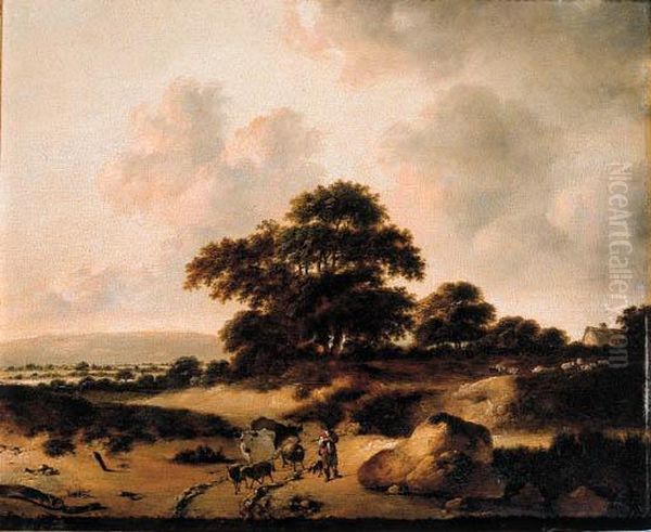 A Cowherd Leading Cattle On A Sandy Track In The Dunes Oil Painting by Jan Wijnants