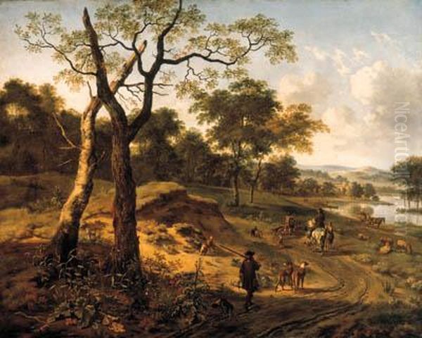 A Wooded Evening Landscape With A
 Hunter And His Dogs, Anotherhunter On Horseback Conversing With A 
Peasant, A Fishermen And Afalconer Carrying A Hoop Of Falcons On A Path,
 A Wagon And Otherfigures By A Lake Beyond Oil Painting by Jan Wijnants