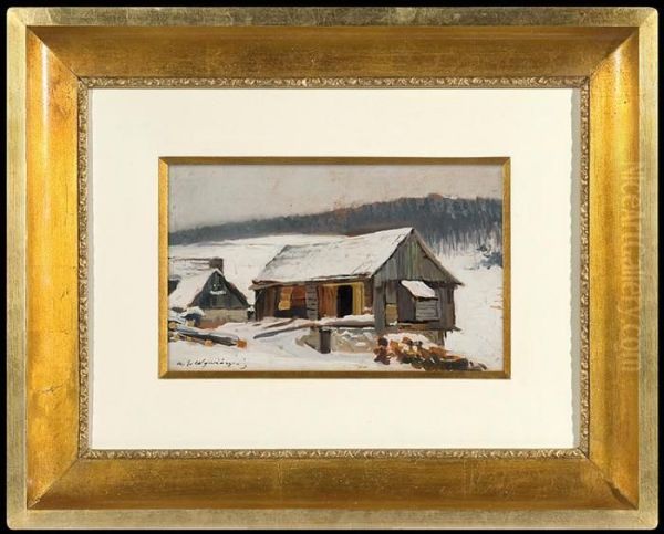 Cottages In The Snow Oil Painting by Michael Gorstkin Wywiorski