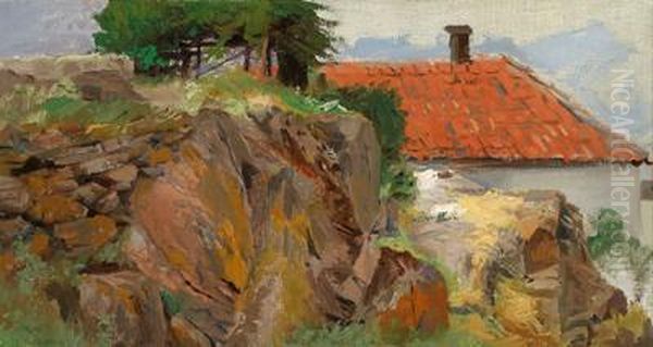 Red Roof Behind Rocks Oil Painting by Michael Gorstkin Wywiorski