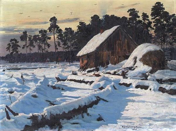 Lesniczowka W Sniegu Oil Painting by Michael Gorstkin Wywiorski