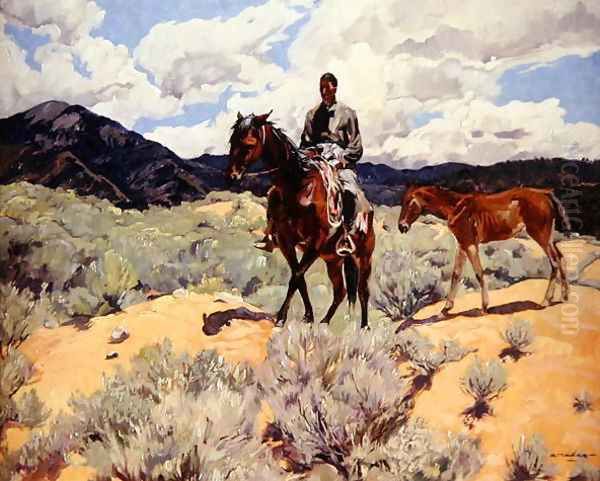 Indian on Horseback with Colt Oil Painting by Walter Ufer