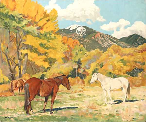 Cottonwood and Wild Horses Oil Painting by Walter Ufer