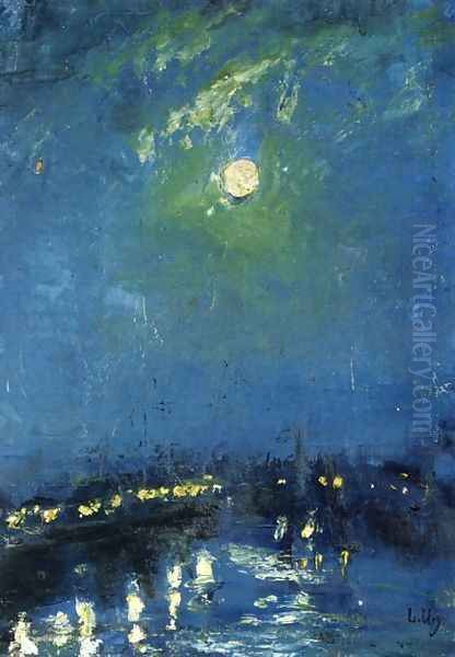 The River Thames, London, Moonlight Oil Painting by Lesser Ury