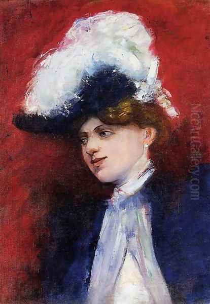 Beautiful Woman with Feathered Hat Oil Painting by Lesser Ury