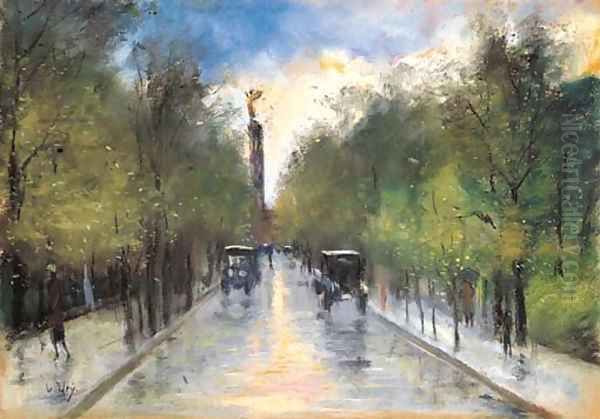 Strasse in Tiergarten mit Siegessaule Oil Painting by Lesser Ury