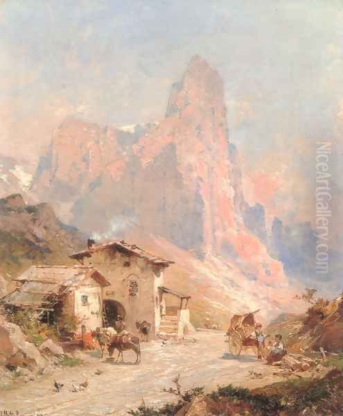 Figures in a Village in the Dolomites Oil Painting by Franz Richard Unterberger