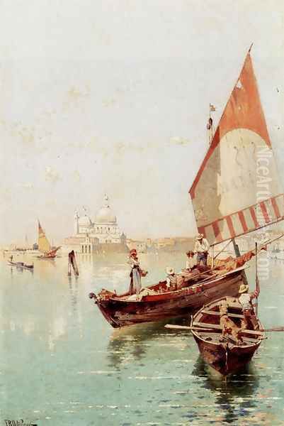 Sailboat In A Venetian Lagoon Oil Painting by Franz Richard Unterberger