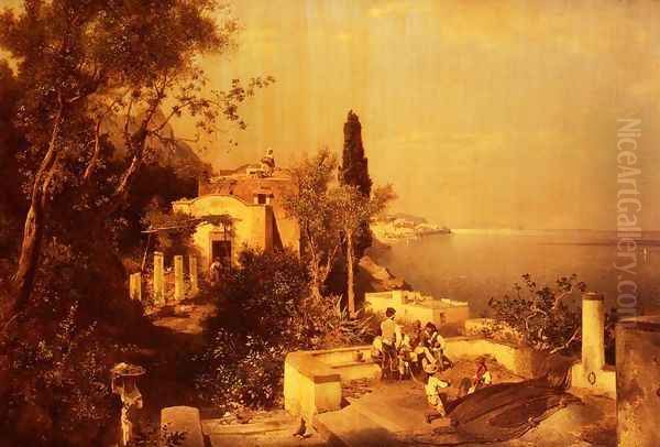 Les Pêcheurs Sur La Terrasse (The Fishermen on the Terrace) Oil Painting by Franz Richard Unterberger