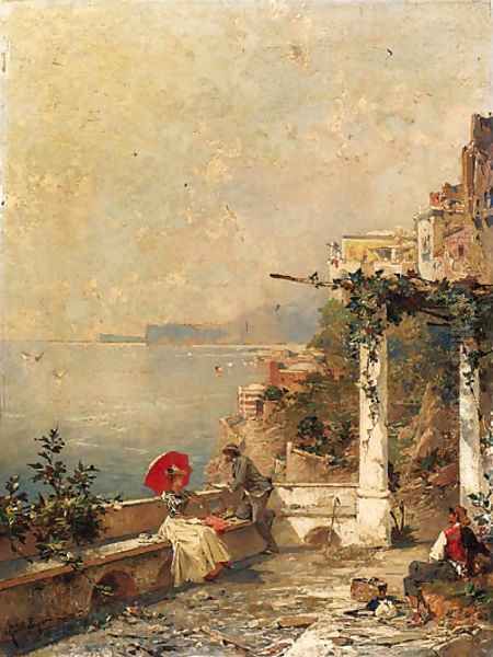 An Artist sketching on a Balcony, with Amalfi beyond Oil Painting by Franz Richard Unterberger