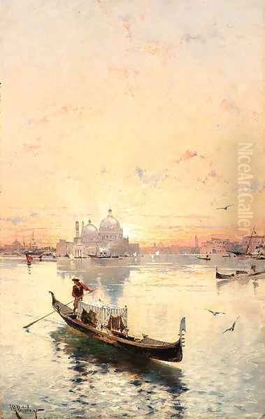 A gondola ride with Santa Maria della Salute in the distance Oil Painting by Franz Richard Unterberger