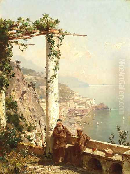 Monks on a terrace, with Amalfi beyond Oil Painting by Franz Richard Unterberger