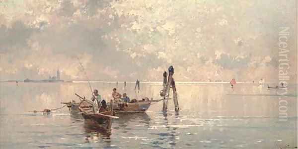 Learning to fish on the Lagoon, Venice Oil Painting by Franz Richard Unterberger