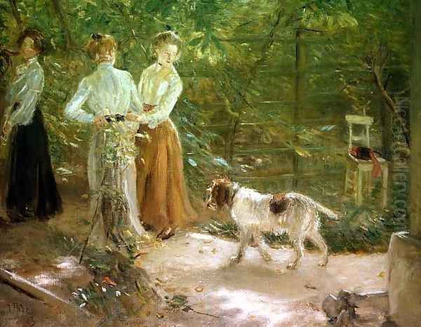 View of the artists garden with his daughters, 1903 Oil Painting by Fritz von Uhde