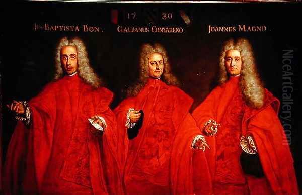 Portrait of three lawyers, Giovanbattista Bon, Galeano Contarini and Giovanni Magno, 1730 Oil Painting by Pietro Uberti