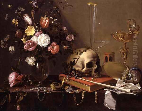 Vanitas Still-Life with a Bouquet and a Skull c. 1642 Oil Painting by Adriaen van Utrecht