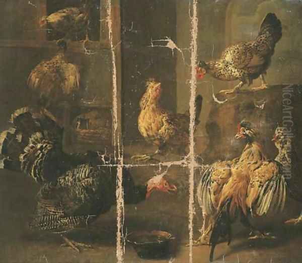 A turkey and chickens in a yard Oil Painting by Adriaen van Utrecht