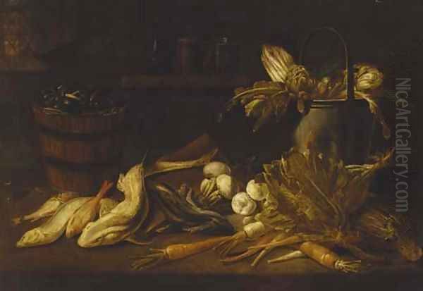 A barrel of mussels, a dogfish and other fish with turnips, carrots, a cabbage and a bucket with artichokes and asparagus on a ledge Oil Painting by Adriaen van Utrecht