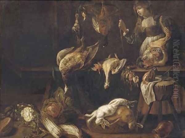 An interior with a kitchen maid, dead game birds hanging, two dead hares in a basket and asparagus, cabbage, cauliflower and melons on the floor Oil Painting by Adriaen van Utrecht