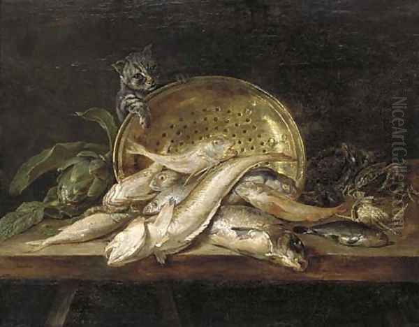 Fish, crabs, mussels, an artichoke, a copper pot and a cat on a table Oil Painting by Adriaen van Utrecht