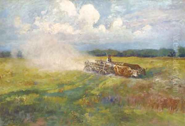 An oxen-drawn cart crossing a field in summer Oil Painting by Ignac Ujvary