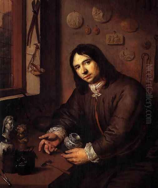 Portrait of a Silversmith in His Workshop (detail) Oil Painting by Dutch Unknown Masters