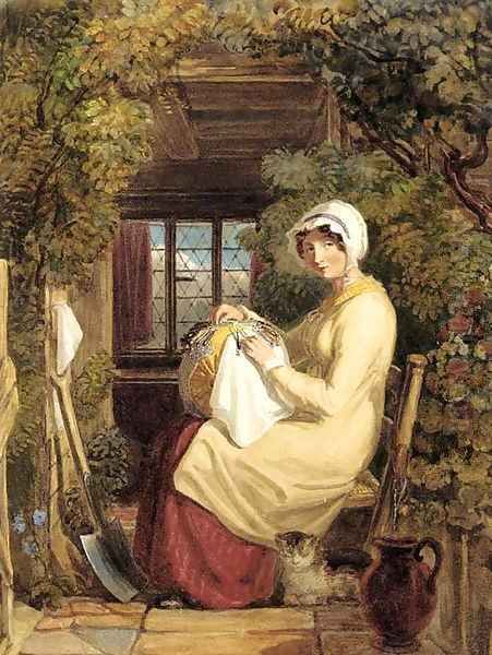 A woman seated in a doorway making lace with a cat at her feet Oil Painting by Thomas Uwins