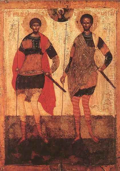 Icon of St Theodore Stratilates and St Theodore Tyron (15th century) Oil Painting by Russian Unknown Masters