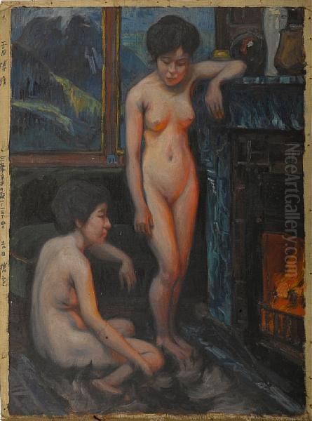 Nudes By A Fireplace Oil Painting by Hiroshi Yoshida