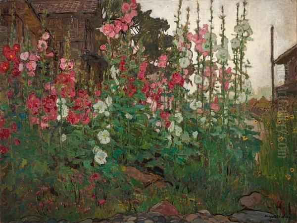 Hollyhocks by Hiroshi Yoshida