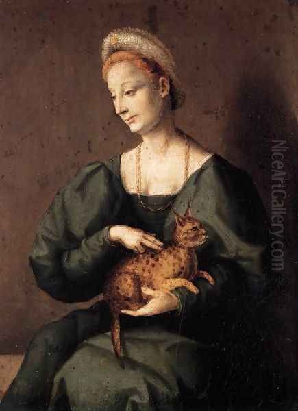 Woman with a Cat Oil Painting by Francesco Ubertini Bacchiacca II