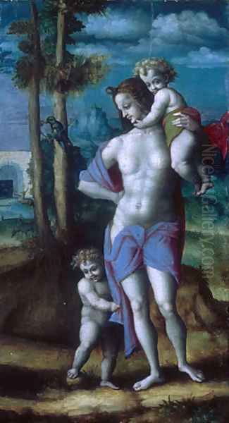 Eve with Cain and Abel fragment 1520s Oil Painting by Francesco Ubertini Bacchiacca II