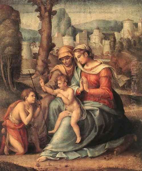 Madonna with Child, St Elisabeth and the Infant St John the Baptist Oil Painting by Francesco Ubertini Bacchiacca II