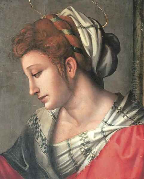 A female saint, bust-length, in a red dress with a white headdress Oil Painting by Francesco Ubertini Bacchiacca II