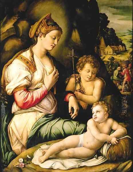 The Madonna and Child with Saint John the Baptist seated among rocks, a village beyond with shepherds Oil Painting by Francesco Ubertini Bacchiacca II