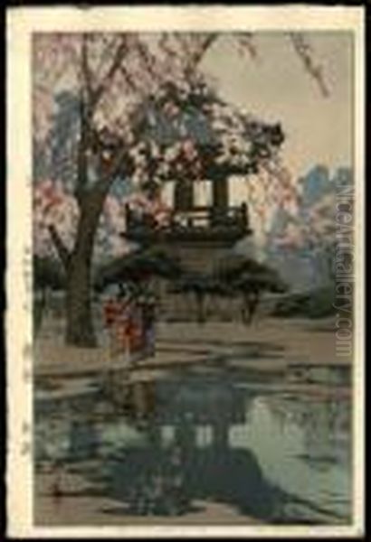 In A Temple Yard Oil Painting by Hiroshi Yoshida