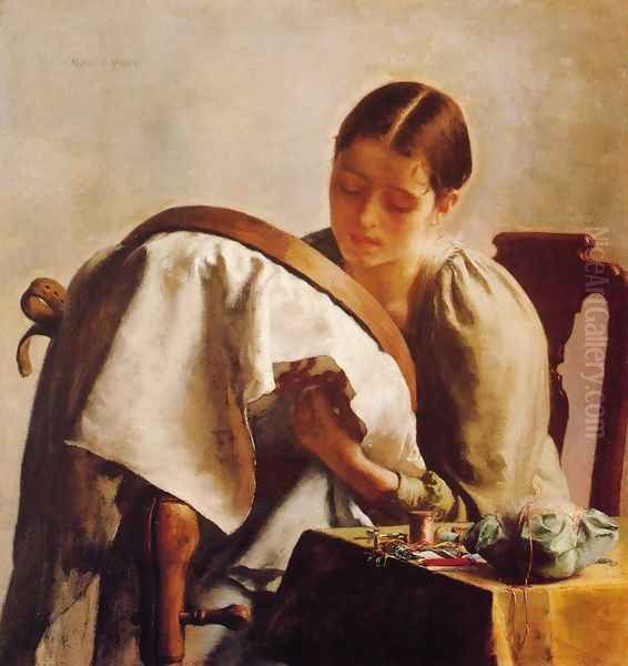 Young Girl Embroidering Oil Painting by Charles Frederick Ulrich