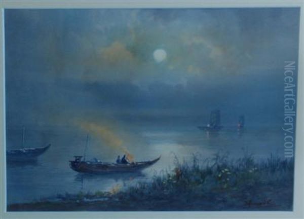 Early Morning On The Baysigned Watercolor On Paper Image Size 9 X 13 Inchesframed Oil Painting by Hiroshi Yoshida