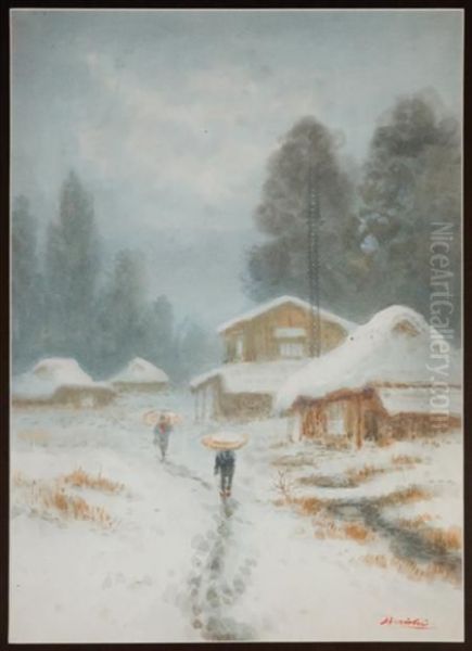 Figureswalking In A Snowy Country Village Oil Painting by Hiroshi Yoshida