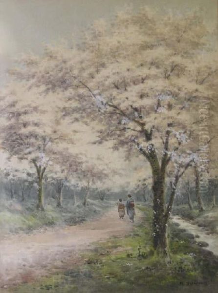 Figures And Cherry Blossom Signed 26 X 19.5in Oil Painting by Hiroshi Yoshida